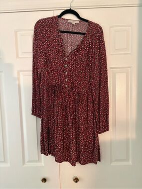 LOFT Blaxk and Red Floral Button-Front Long Sleeve Dress